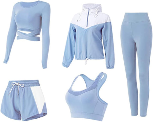 5 PCS Workout Sets for Women Athletic Gym Sports Pilates Yoga Outfits | Running Exercise Workout Clothes Sports Bra Shorts High Waisted Leggings Active Wear Set Suit